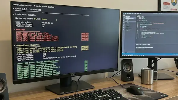 Administrator workstation displaying Lynis hardening audit results on screen