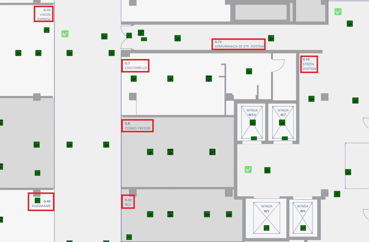 Wizualizacja mapy centrum handlowego z oznaczeniami lokali