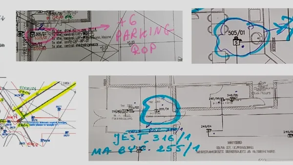 Excerpts from design documentation and CAD plans of buildings