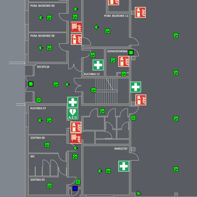 Wizualizacja GEMOS — plan ewakuacji z rozmieszczeniem czujek, gaśnic i defibrylatorów