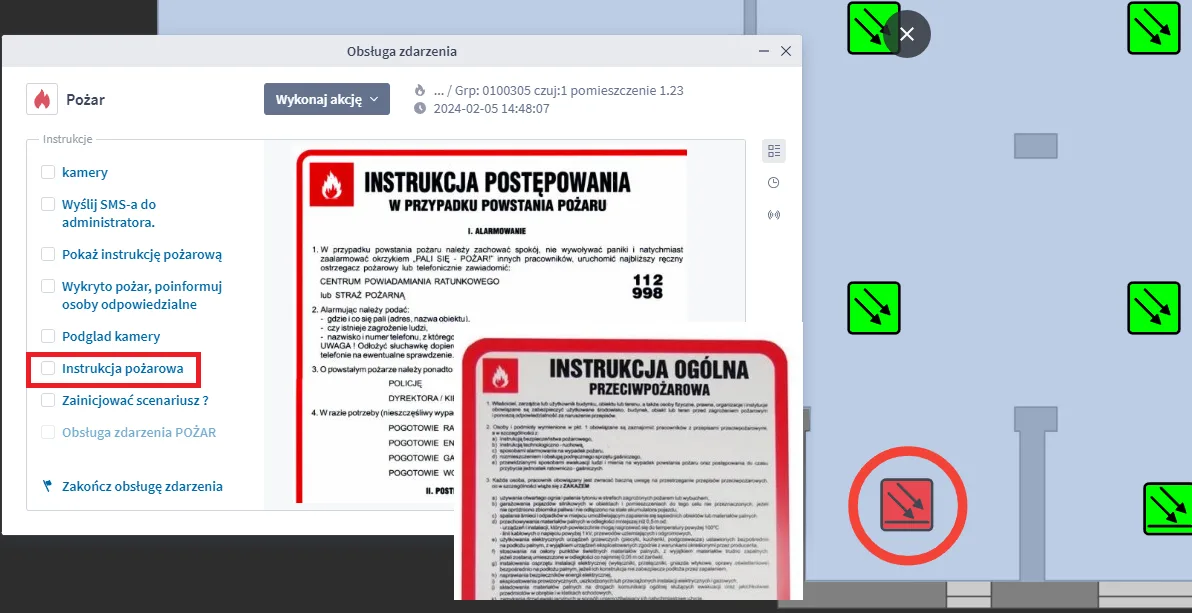 Procedura postępowania wyświetlana automatycznie w momencie alarmu