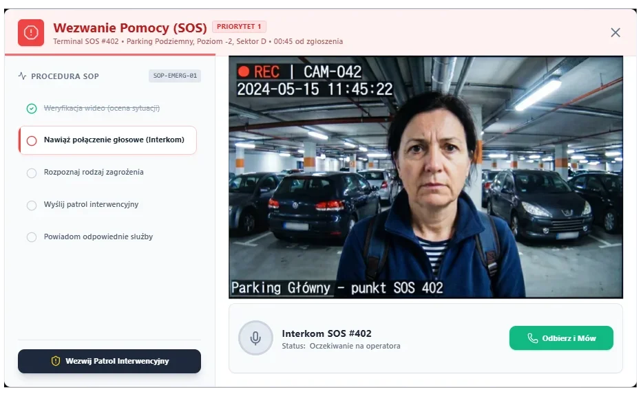 SOS help-call window in GEMOS with camera preview and intercom call button