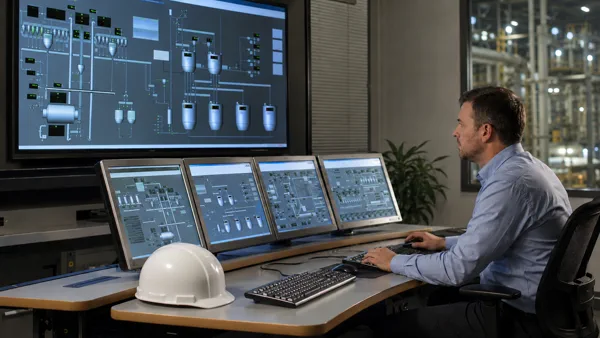 Operator in a control room monitoring a technological process on several screens with SCADA visualisations and a video wall showing an installation schematic