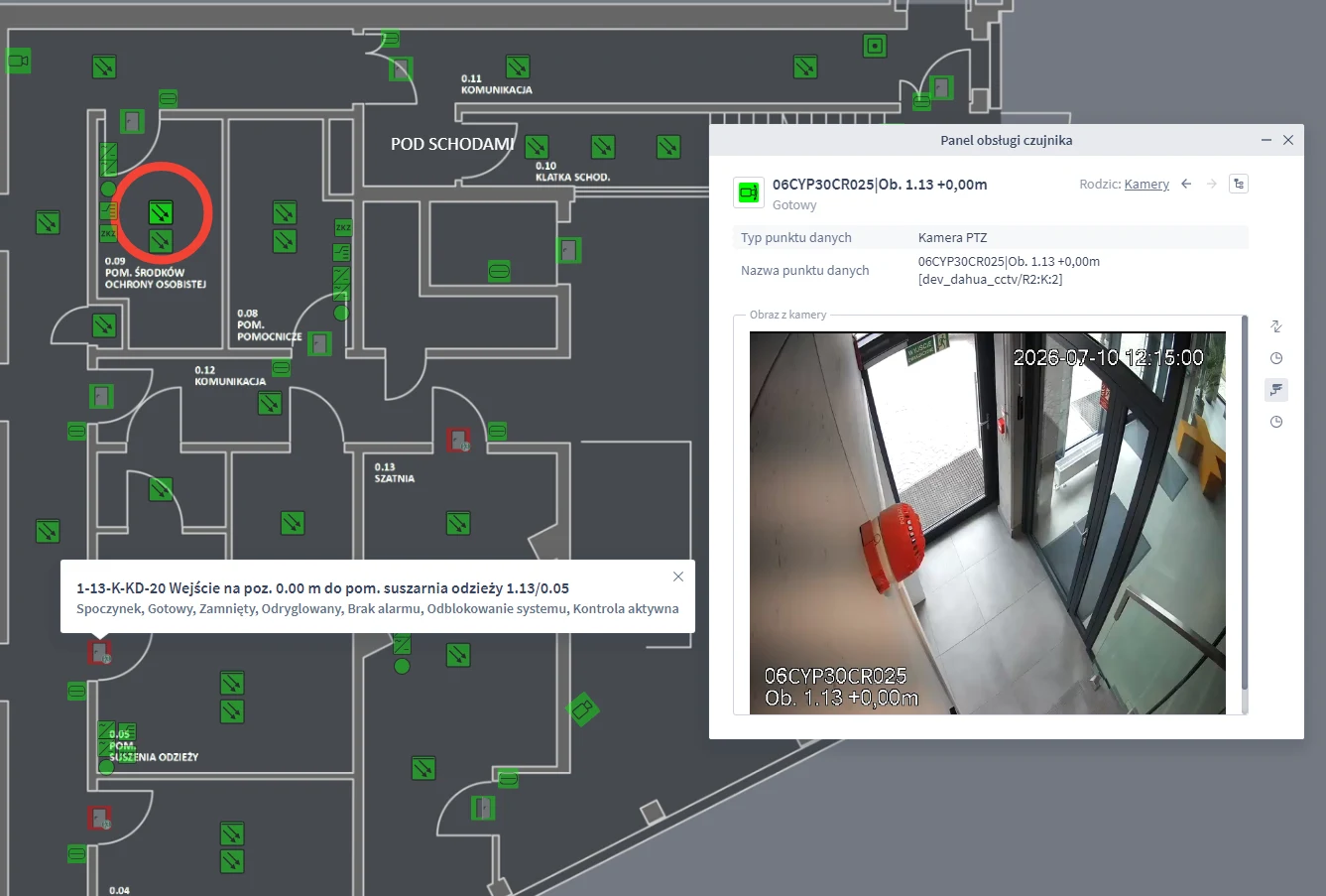 PSIM visualisation with a facility floor plan, access control points and a camera handling panel