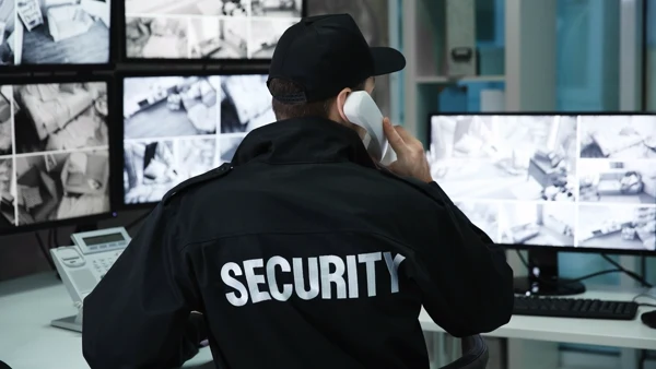 Security guard at a monitoring station in a facility security control room