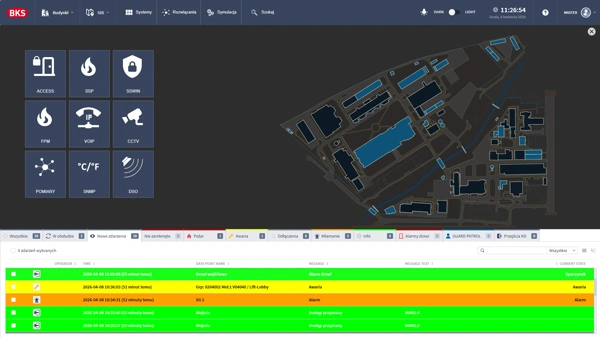 GEMOS system interface with event stack and facility map